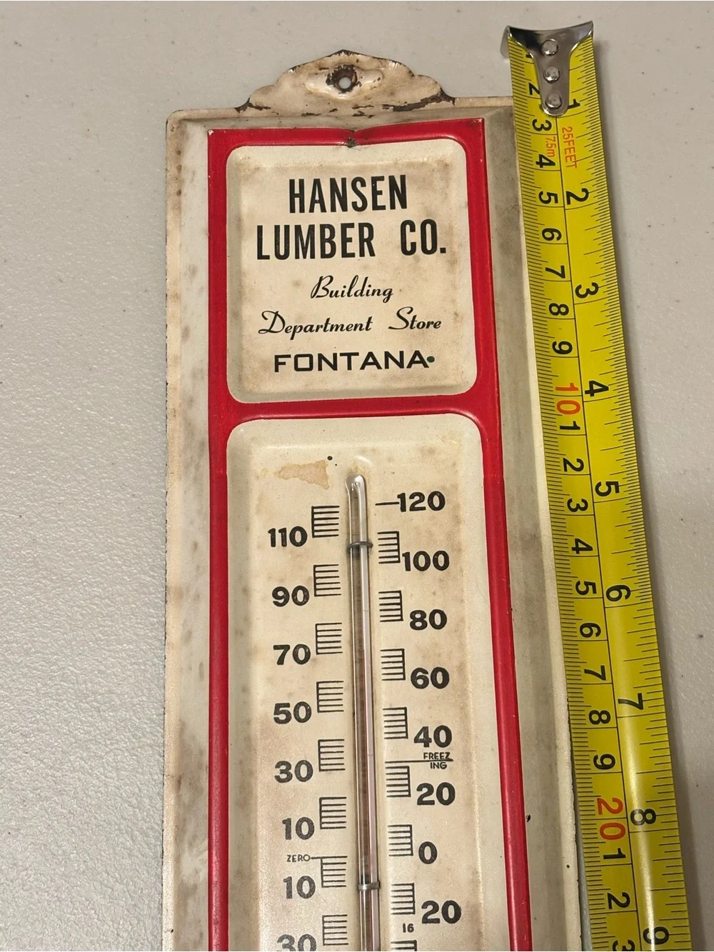 Vintage metal advertising wall thermometer, Fontana, California